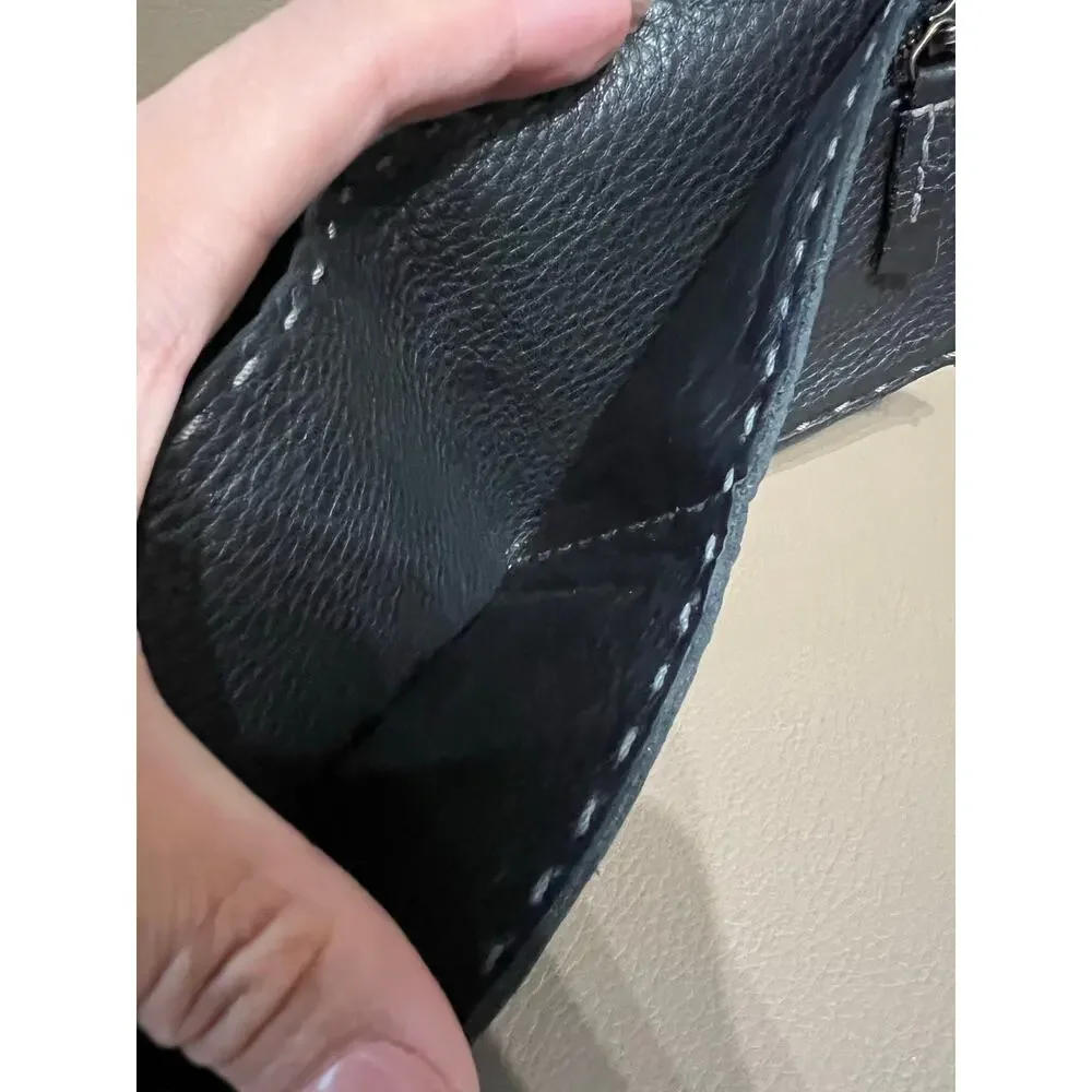 Henry Beguelin Leather BiFold Wallet Snap Fold Black Zipper Stitching Pebbled